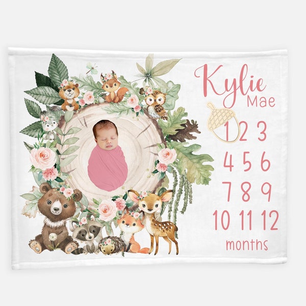 Woodland Milestone Blanket, Baby Girl Blanket, Raccoon Bear Deer Fox Blanket, Forest Animal Baby Gift, Newborn Blanket, Woodland Nursery W28