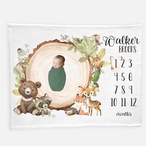 Woodland Milestone Blanket, Baby Boy Blanket, Raccoon Bear Deer Fox Blanket, Forest Animal Baby Gift, Newborn Blanket, Woodland Nursery W27