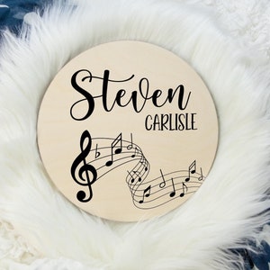 Music Name Sign, Round Wood Name Sign, Wood Baby Name Sign, Music Note Sign , Baby Announcement Sign, Music Nursery Decor, Music Sign B34