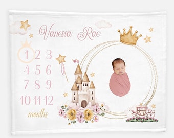 Princess Crown Milestone Blanket, Princess Girl Baby Milestone Blanket, Personalized Month Blanket, Baby Girl Blanket, Princess Blanket G19