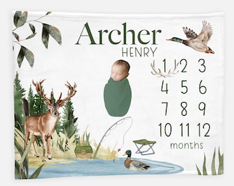 Hunting Milestone Blanket, Boy Milestone Blanket, Month Baby Blanket, Buck and Duck Hunting Fishing Baby Blanket, Hunting Nursery W48