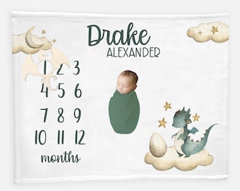 Dragon Baby Milestone Blanket, Baby Boy Milestone Blanket, Personalized Baby Blanket, Monthly Baby Blanket, Dragon Fantasy Nursery Theme B9