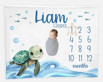 Turtle Milestone Blanket, Turtle Baby Blanket, Baby Boy Nautical