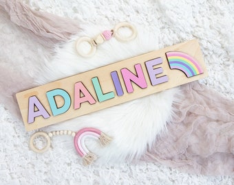 Pastel Rainbow Wood Name Puzzle, Wooden Name Puzzle, Personalized Toddler Puzzle, First Birthday Gift, Rainbow Baby Nursery Decor