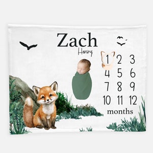 Fox Milestone Blanket, Woodland Milestone Blanket, Baby Fox Blanket, Baby Shower Gift, Newborn Blanket, Watch Me Grow Blanket W50