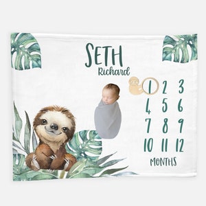 Sloth Baby Milestone Blanket, Boy Milestone Blanket, Personalized Baby Blanket, Month Baby Blanket, Baby Boy Blanket, Boy Sloth Blanket S45