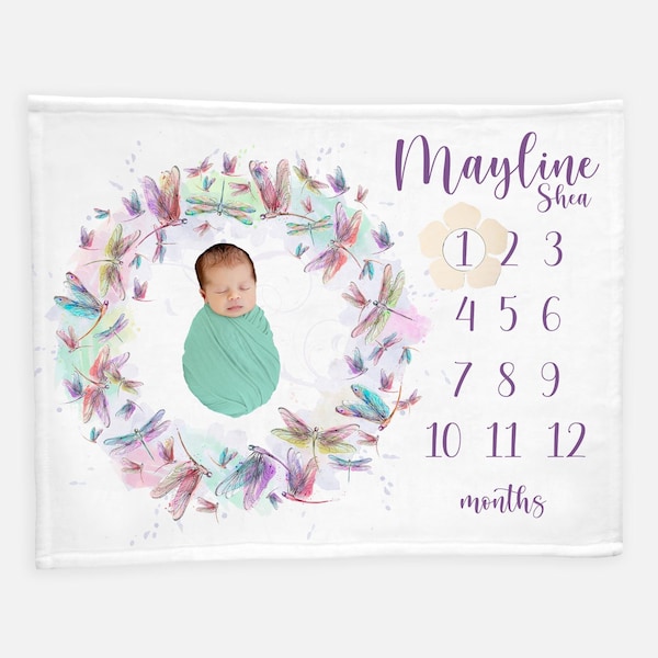 Dragonfly Baby Milestone Blanket, Personalized Baby Blanket, Monthly Baby Blanket, Girl Blanket, Lavender Mint Dragonfly Baby Blanket G39