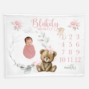 Teddy Bear Baby Milestone Blanket, Girl Milestone Blanket, Personalized Baby Blanket, Pink Roses Teddy Bear Blanket, Bear Nursery G55