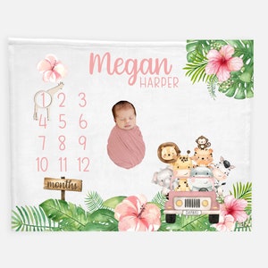 Girl Safari Milestone Blanket, Personalized Baby Blanket, Monthly Baby Blanket, Baby Girl Blanket, Safari Jungle Nursery Theme S38