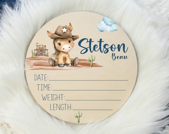 Cowboy Birth Stat Sign, Round Wood Birth Stat Sign, Western Birth Stat Sign, Cowboy Horse Personalized Birth Stat Sign, Newborn Gift D13
