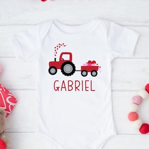 Valentine's Day Tractor Baby Bodysuit, BoyTractor Bodysuit, First Valentines Day Outfit, Baby One Piece, Tractor Baby One Piece