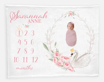 Swan Milestone Blanket, Swan Princess Girl Baby Milestone Blanket, Personalized Monthly Blanket, Baby Girl Blanket, Swan Blanket G3
