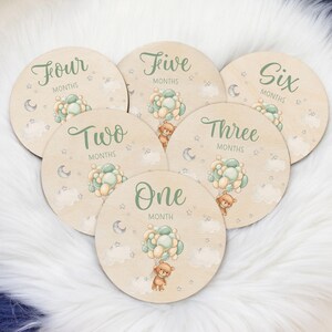 Green Bear Balloon Milestone Cards, Moon Milestone Markers, Wood Milestone Card, Baby Milestones, Photo Prop, Bear Lullaby Nursery Theme T57