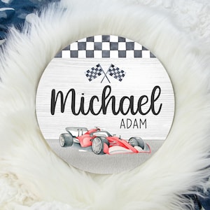 Race Car Round Wood Name Sign, Wood Baby Name Sign, Race car Baby Name Sign, Red Race Car Name Sign, Baby Announcement Sign T71