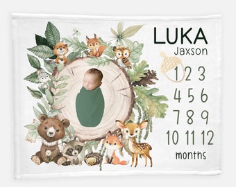 Woodland Milestone Blanket, Baby Boy Blanket, Raccoon Bear Deer Fox Blanket, Forest Animal Baby Gift, Newborn Blanket, Woodland Nursery W27