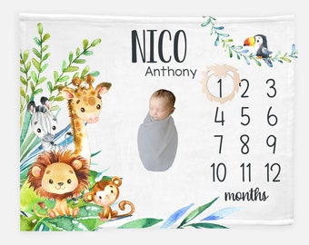 Safari Milestone Blanket, Gender Neutral Blanket, Safari Nursery, Monkey, Giraffe, Zebra, Lion Personalized Baby Blanket, Baby Blanket S3