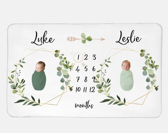 Gender Neutral Twin Milestone Blanket, Greenery Wreath Twin Baby Blanket, Personalized Baby Blanket, Monthly Blanket, Blanket For Twins