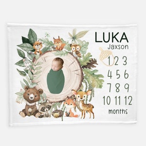 Woodland Milestone Blanket, Baby Boy Blanket, Raccoon Bear Deer Fox Blanket, Forest Animal Baby Gift, Newborn Blanket, Woodland Nursery W27