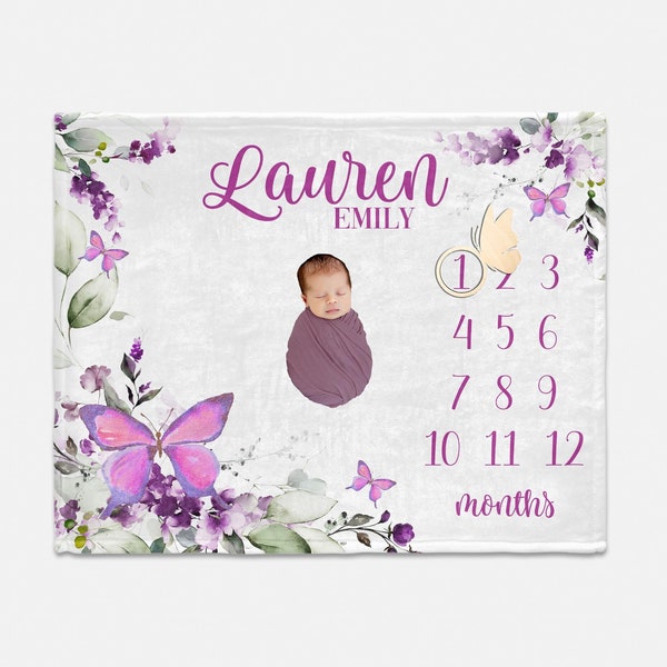 Butterfly Baby Milestone Blanket, Personalized Baby Blanket, Monthly Baby Blanket, Baby Blanket, Purple Floral Butterfly Baby Blanket G76