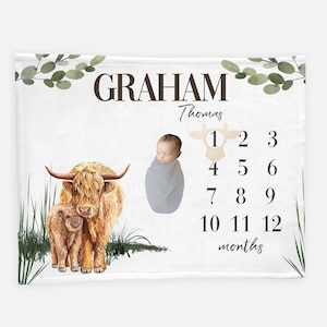 Boho Highland Cow Milestone Blanket, Boy Cow Milestone Blanket, Month Baby Blanket, Highland Cow Baby Blanket, Highland Cow Nursery C21