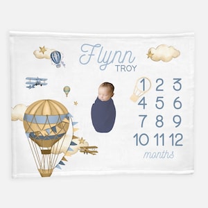 Hot Air Ballon Baby Milestone Blanket, Retro Airplane Baby Boy Blanket, Adventure Milestone Blanket , Month Baby Blanket T35
