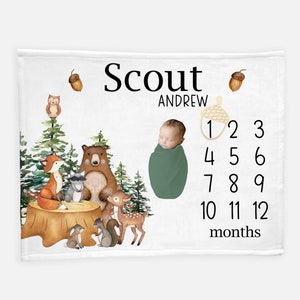 Woodland Milestone Blanket, Baby Boy Blanket, Raccoon Bear Deer Fox Blanket, Forest Baby Gift, Newborn Blanket, Forest Nursery Theme W1