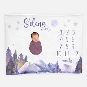 Girl Mountains Baby Milestone Blanket, Mountains Moon Milestone Blanket, Personalized Baby Blanket, Monthly Blanket, Adventure Baby Girl M22