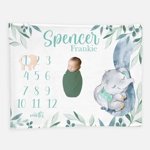 Safari Elephant Milestone Blanket, Monthly Baby Blanket, Baby Boy Blanket, Elephant Baby Boy, Greenery Elephant Blanket, Gender Neutral S46