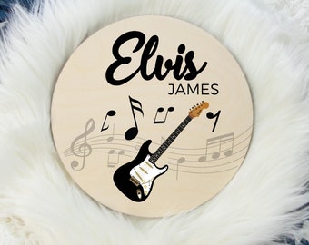 Guitar Name Sign, Round Wood Name Sign, Wood Baby Name Sign, Music Note Sign , Baby Announcement Sign, Music Nursery Decor, Guitar Sign