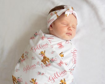 Girl Giraffe Swaddle Set, Safari Swaddle Blanket, Personalized Baby Blanket, Safari Nursery Theme, Blush Floral Giraffe Swaddle S67