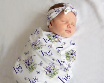 Iris Flowers Swaddle Set, Iris Flowers Swaddle, Personalized Baby Blanket, Purple Iris Blanket, Iris Baby Shower Gift F98