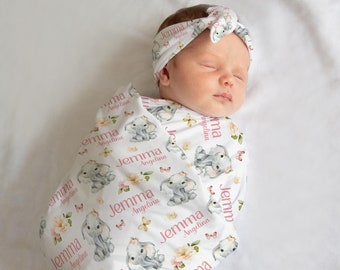 Elephant Butterfly Swaddle Set, Elephant Swaddle, Elephant Baby Blanket, Elephant Nursery Theme, Baby Blanket, Floral Elephant Blanket S60