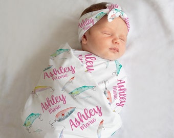 Girl Fishing Swaddle Set, Fish Swaddle Blanket, Personalized Baby Blanket, Fishing Nursery, Fishing Baby Blanket, Fishing Swaddle Blanket