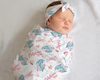 Dolphin Swaddle Blanket, Sea life Personalized Baby Blanket, Baby Blanket, Personalized Baby Blanket, Baby Gift, Ocean Theme Swaddle Set O23