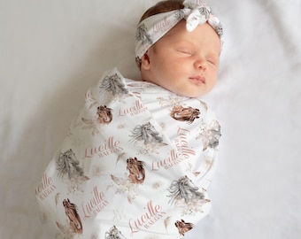 Boho Wild Horses Swaddle Set, Girl Horse Swaddle Blanket, Horse Nursery Theme, Newborn Blanket, Horse Baby Gift, Equestrian G42