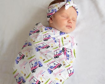 Girl Golf Swaddle Set, Golf Baby Blanket, Personalized Golf Baby Blanket, Pink Golf Nursery, Newborn Blanket, Girl Golfer Baby Blanket G18