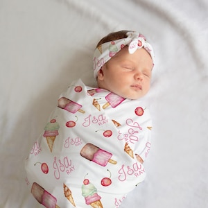 Ice Cream Swaddle Set, Ice Cream Swaddle Set, Personalized Baby Blanket, Sweets Theme, Baby Shower Gift, Ice Cream Toddler Blanket