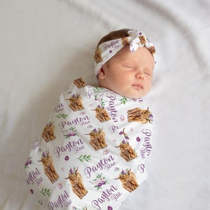 Girl Highland Cow Swaddle Blanket, Cow Personalized Baby Blanket, Personalized Baby Blanket, Baby Shower Gift, Highland Cow Swaddle Set C19
