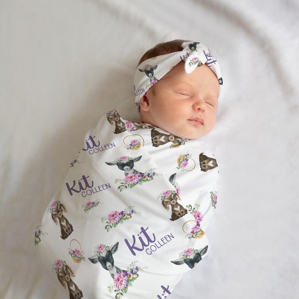 Goat Swaddle Set, Goat Baby Blanket, Personalized Farm Baby Blanket, Girl Farm Nursery Theme, Newborn Blanket, Floral Goat Blanket C16