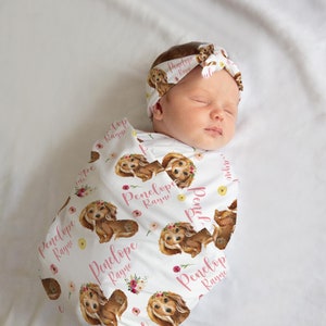 Girl Puppy Swaddle Set, Floral Dachshund Baby Blanket, Personalized Girl Dog Baby Blanket, Puppy Nursery Theme, Dachshund Blanket G61