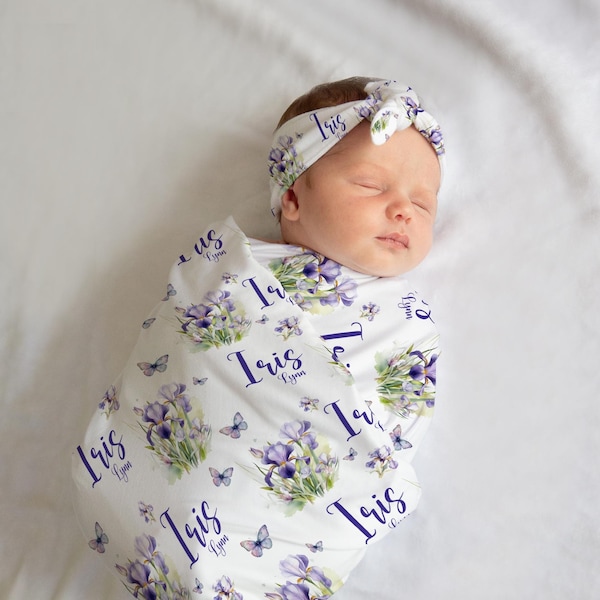 Iris Flowers Swaddle Set, Iris Flowers Swaddle, Personalized Baby Blanket, Purple Iris Blanket, Iris Baby Shower Gift F98