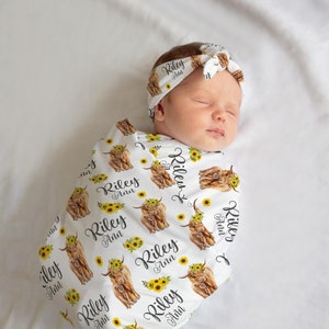 Girl Highland Cow Swaddle Blanket, Sunflower Cow Personalized Baby Blanket, Personalized Baby Blanket,Highland Cow Swaddle Set C19