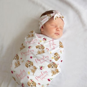 Girl Puppy Swaddle Set, Floral Labrador Baby Blanket, Personalized Girl Dog Baby Blanket, Puppy Nursery Theme, Labrador Newborn Blanket G62