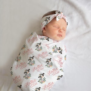 Girl Cow Swaddle Set, Floral Cow Baby Blanket, Personalized Cow Baby Blanket, Cow Nursery Theme, Newborn Blanket, Cow Swaddle Set C5