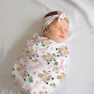 Girl Safari Swaddle Set, Safari Swaddle Blanket, Personalized Baby Blanket, Safari Nursery Theme, Newborn Blanket, Lion Elephant,Giraffe S38