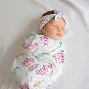 Girl Fishing Swaddle Set, Fish Swaddle Blanket, Personalized Baby Blanket, Fishing Nursery, Fishing Baby Blanket, Fish Swaddle Blanket O49