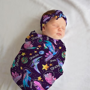 Girl Space Dinosaur Swaddle Blanket, Personalized Space Dinosaur Baby Blanket, Newborn Swaddle, New Baby Gift, Space Dinosaurs Blanket T47