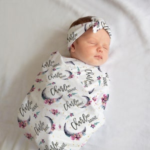 Luna Swaddle Set, Personalized Moon and Stars Baby Blanket, Moon Swaddle Blanket, New Baby Gift, Celestial Bedding, Girl Luna Blanket T14