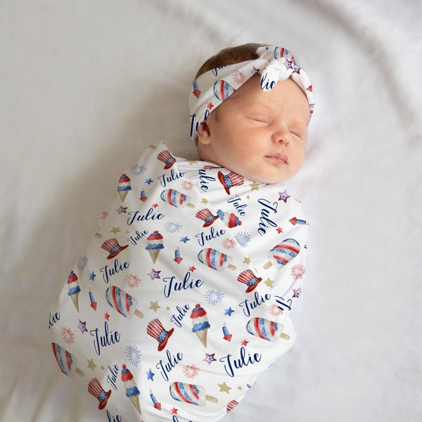 4th of July Swaddle Set, Yankee Doodle Baby Blanket, Personalized Swaddle Blanket, Firecracker Baby Blanket, 4th of July Baby Blanket B27