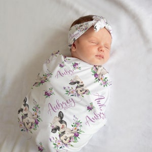 Girl Cow Swaddle Set, Floral Cow Baby Blanket, Personalized Cow Baby Blanket, Cow Nursery Theme, Newborn Blanket, Cow Swaddle Set C42